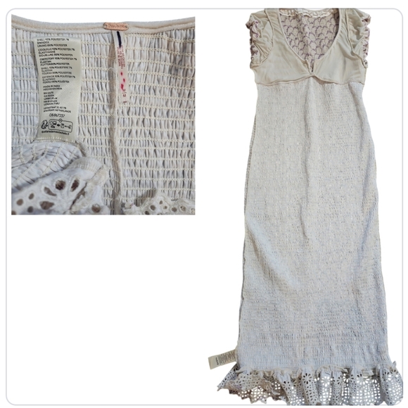 Free People Velvet Floral Smocked Fitted Eyelet Hem Short Sleeve Midi Slip Dresd - Picture 9 of 9